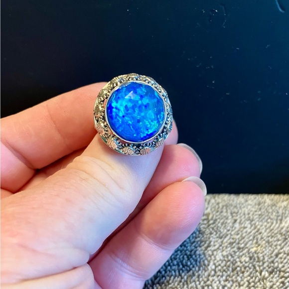 Sajen Sterling Silver Blue Opal Quartz Double + Sunflower Dome Ring Size 8.5 - Picture 6 of 6